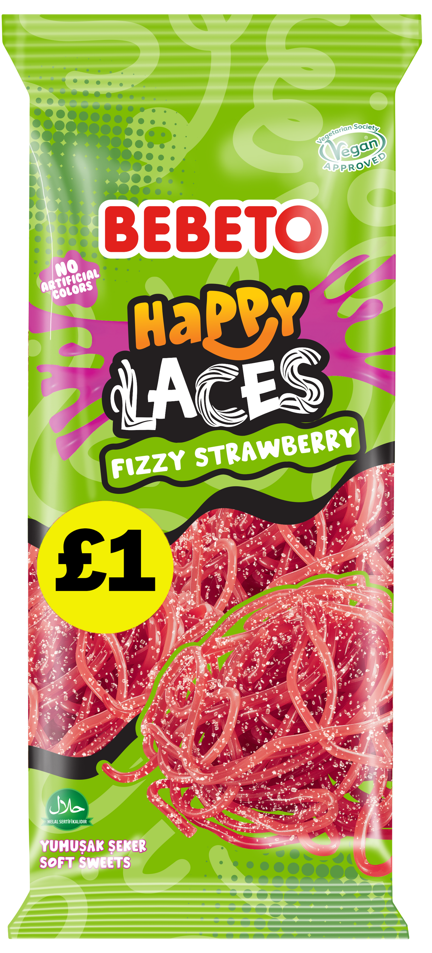 FIZZY STRAWBERRY HAPPY LACES 140G X 12 (PMP)