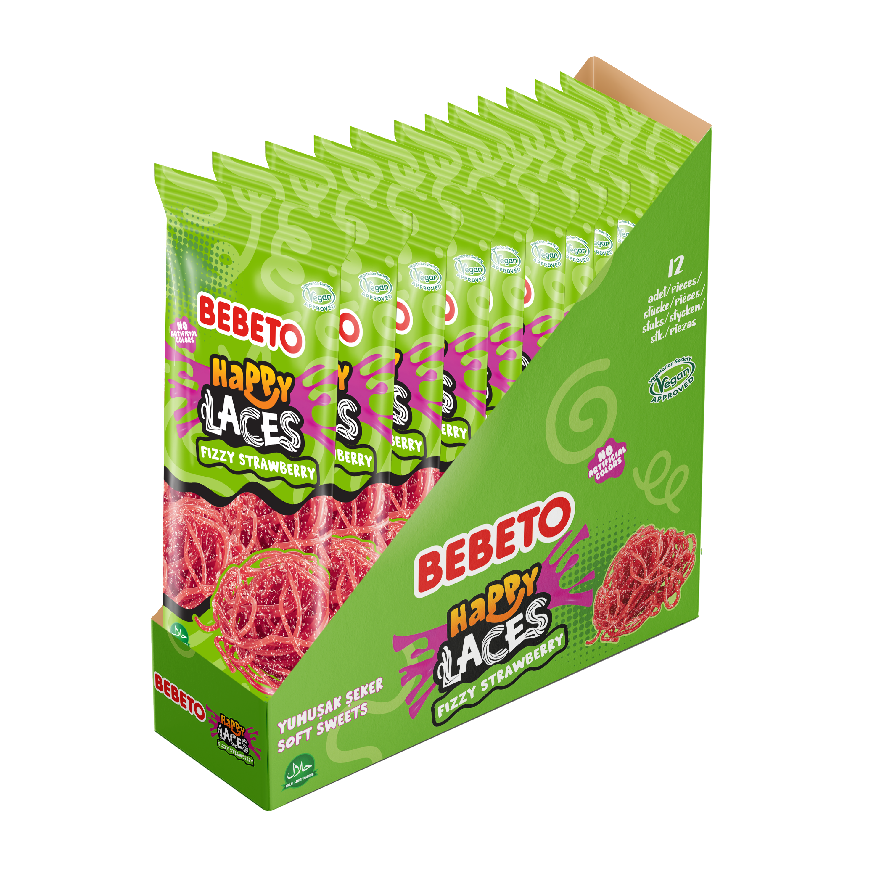 FIZZY STRAWBERRY HAPPY LACES 180G X 12 – Bebeto