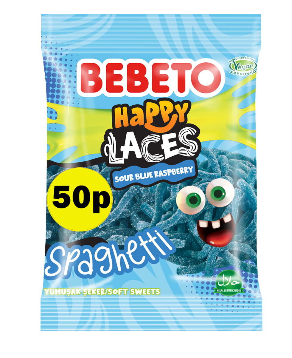 SOUR BLUE RASPBERRY SPAGHETTI HAPPY LACES 70G PMP X 20