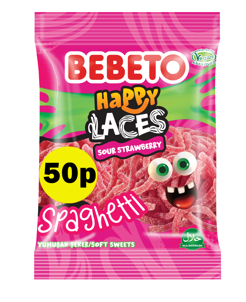 SOUR STRAWBERRY SPAGHETTI HAPPY LACES 70G PMP X 20