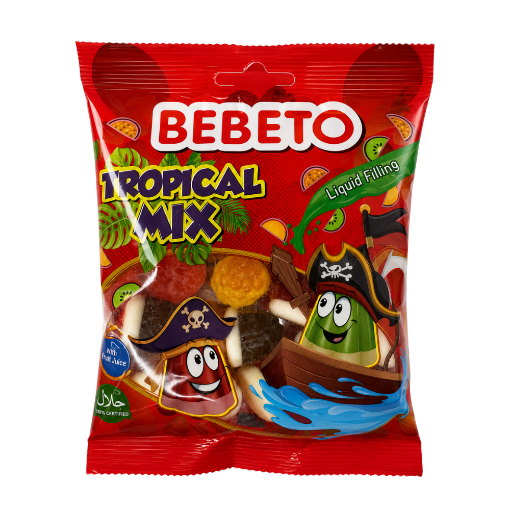 BEBETO TROPICAL MIX LIQUID FILLED GUMMY SWEETS 80G X12