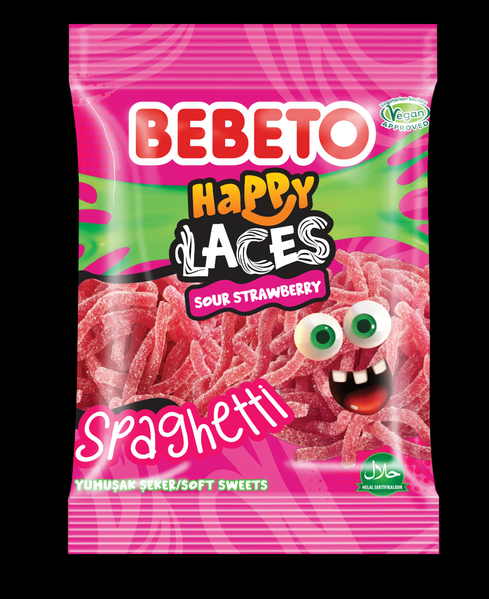 BEBETO SOUR STRAWBERRY SPAGHETTI HAPPY LACES 70G (PMP)