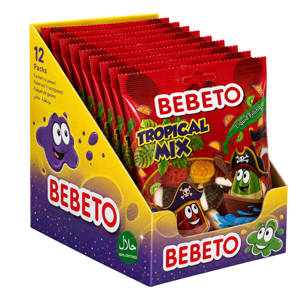 BEBETO TROPICAL MIX LIQUID FILLED GUMMY SWEETS 80G X12