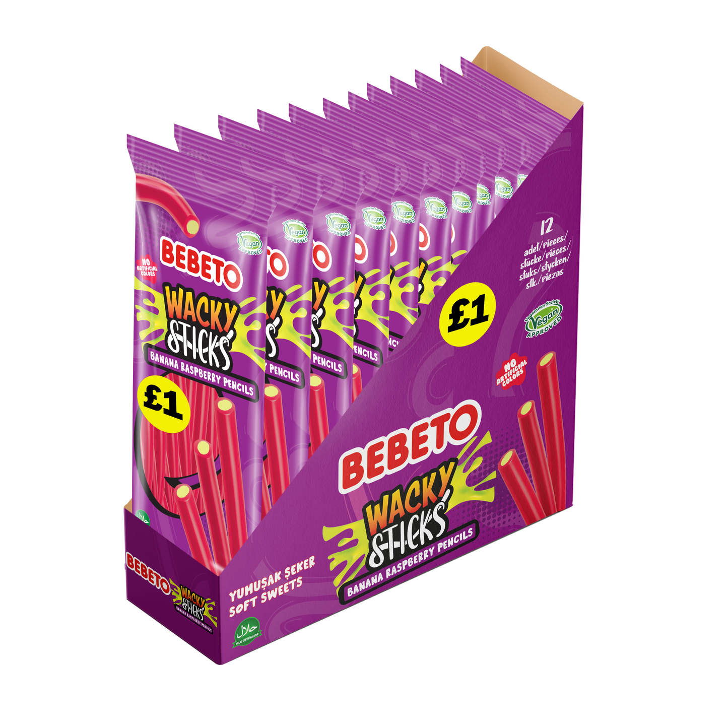 BEBETO BANANA RASPBERRY WACKY STICK PENCILS 140G X 12 (PMP)