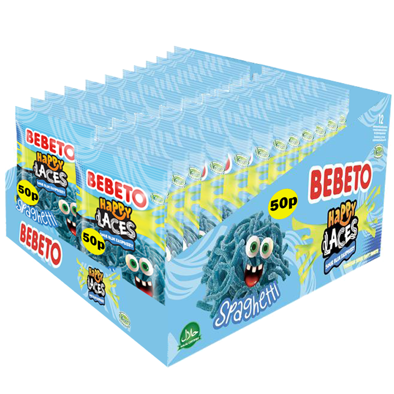 SOUR BLUE RASPBERRY SPAGHETTI HAPPY LACES 70G PMP X 20 – Bebeto