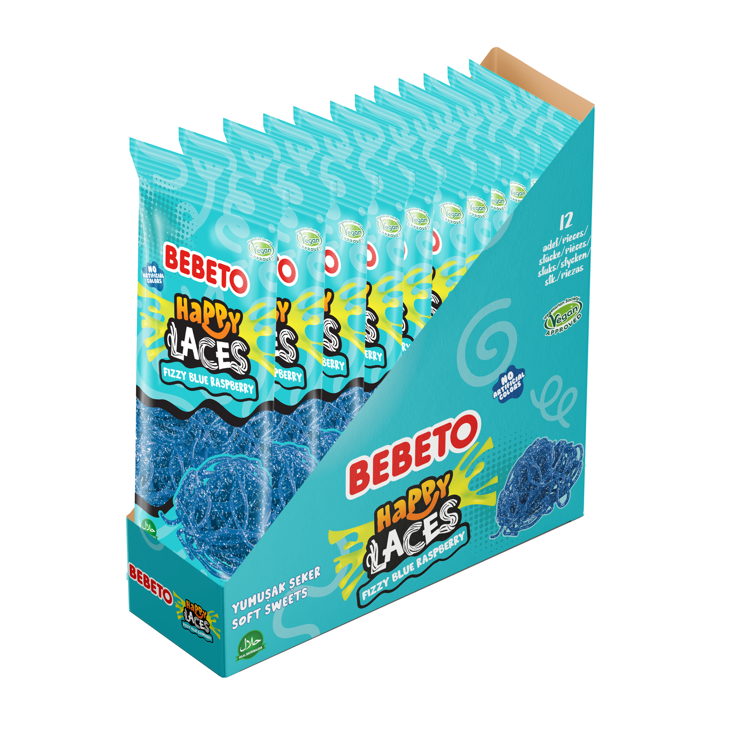 Sunshine Raspberry Laces FIZZY BLUE RASPBERRY HAPPY LACES 180G X 12 – Bebeto