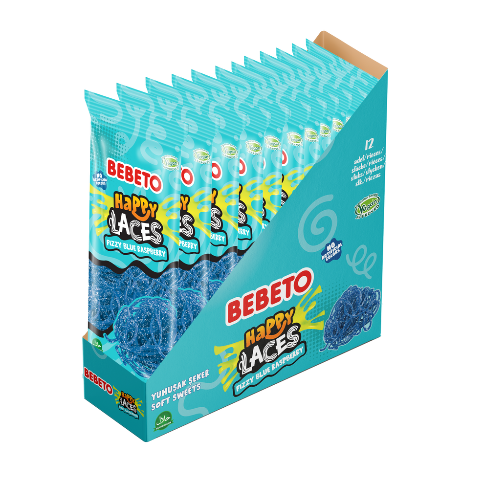 Bag Laces Raspberry T1 FIZZY BLUE RASPBERRY HAPPY LACES 180G X 12 – Bebeto
