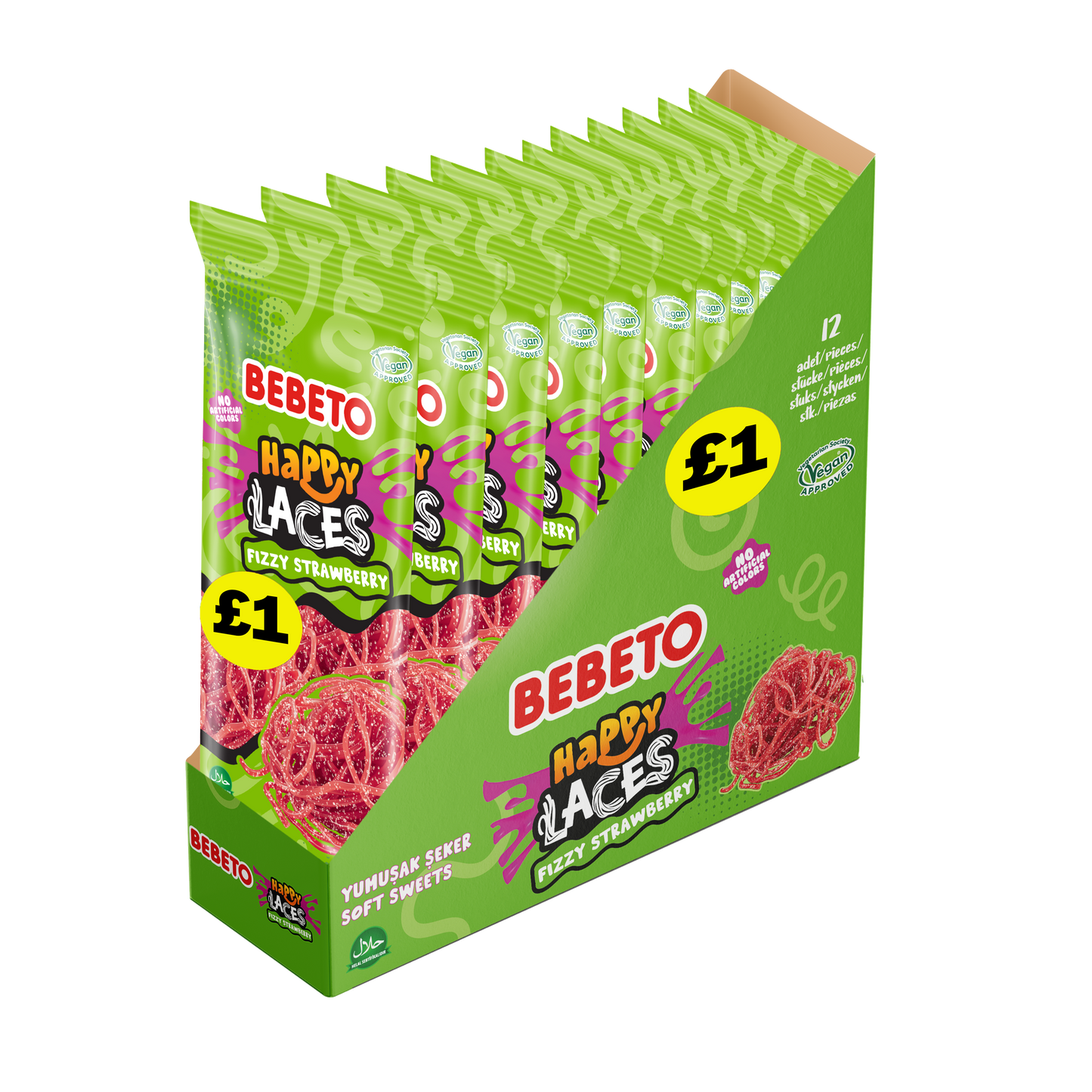 BEBETO FIZZY STRAWBERRY HAPPY LACES 140G X 12 (PMP)