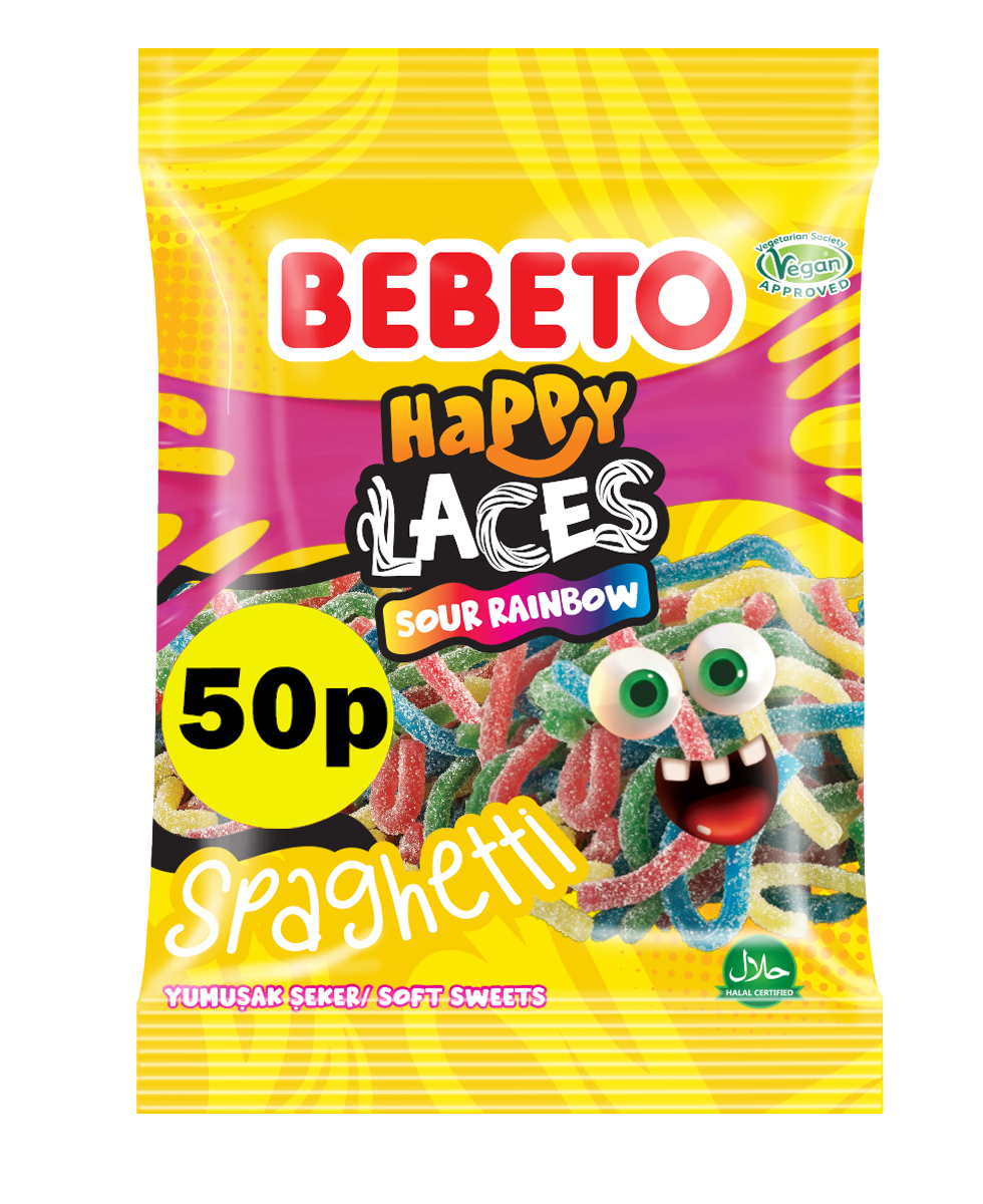 BEBETO SOUR RAINBOW SPAGHETTI HAPPY LACES 70G (PMP) X20