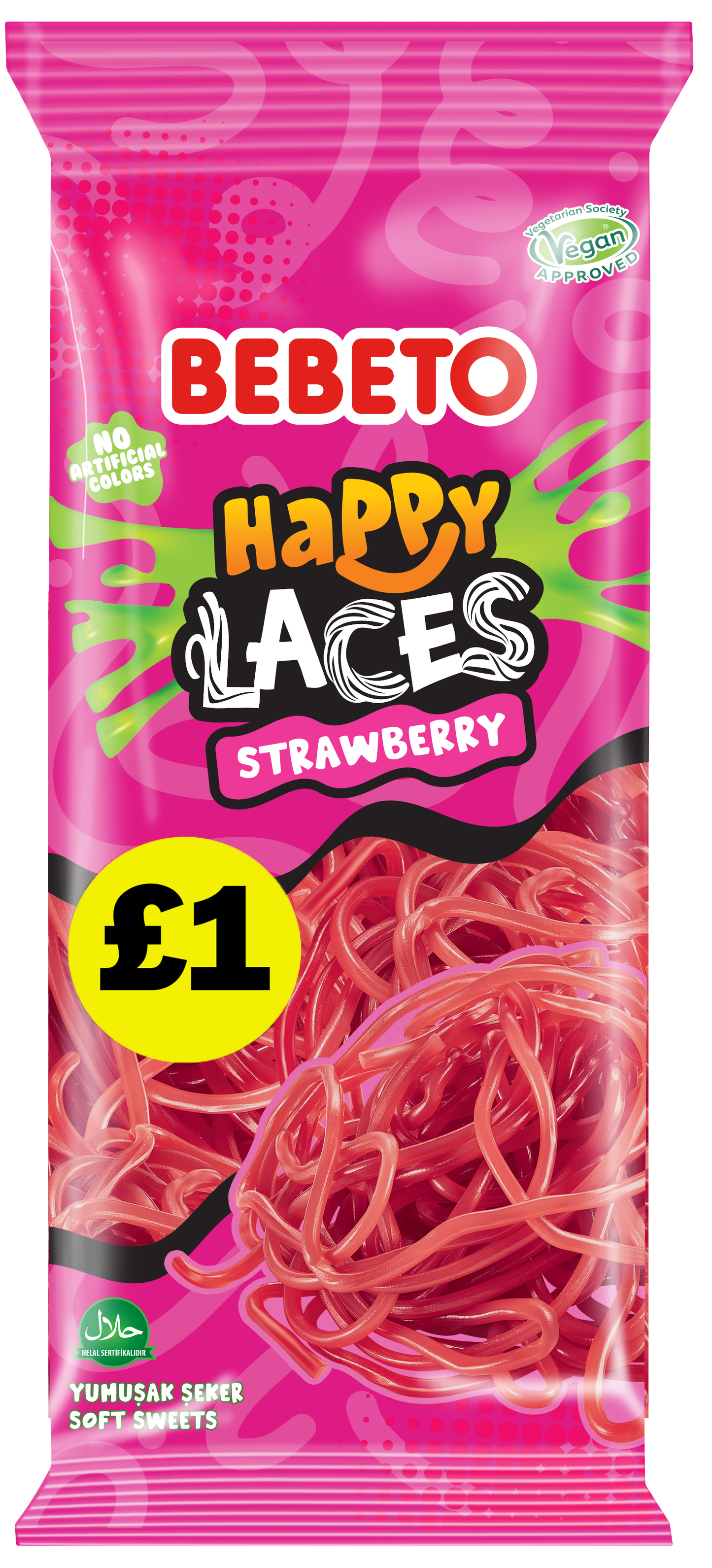 BEBETO STRAWBERRY HAPPY LACES 140G X 12 (PMP)