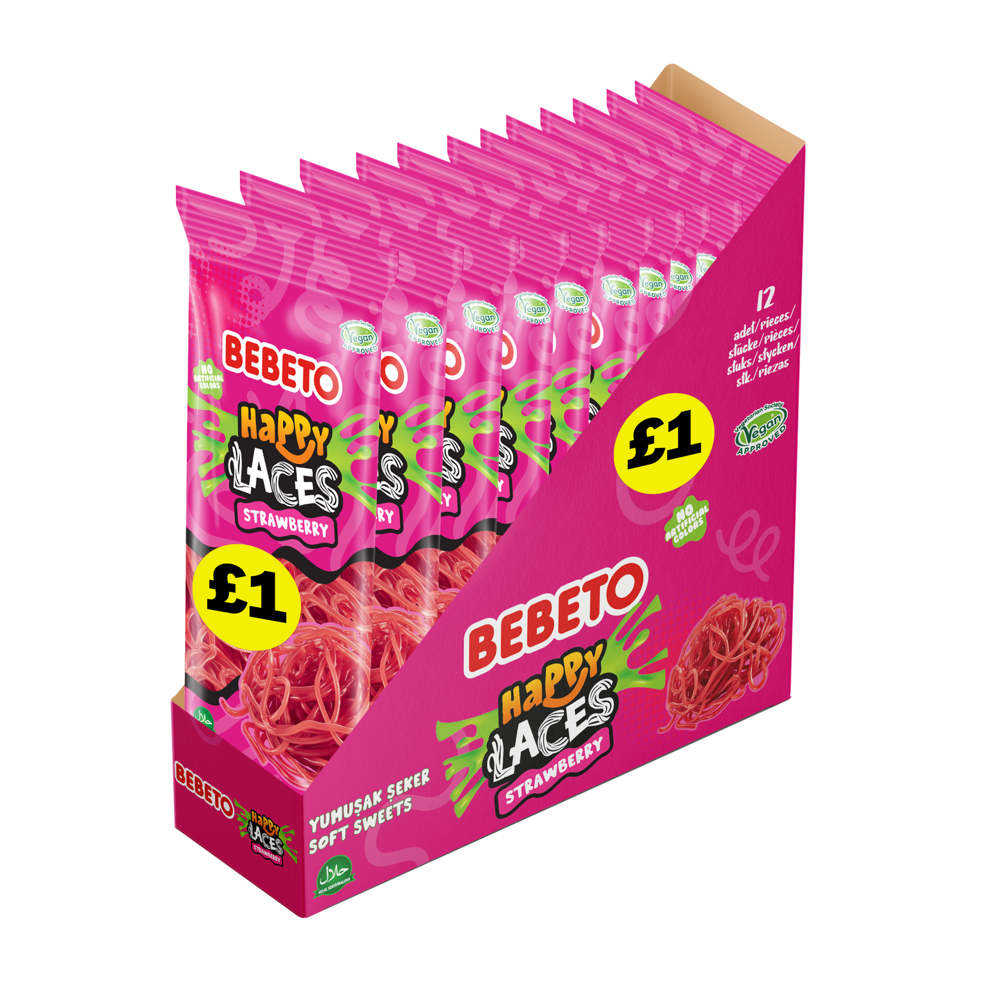 BEBETO STRAWBERRY HAPPY LACES 140G X 12 (PMP)