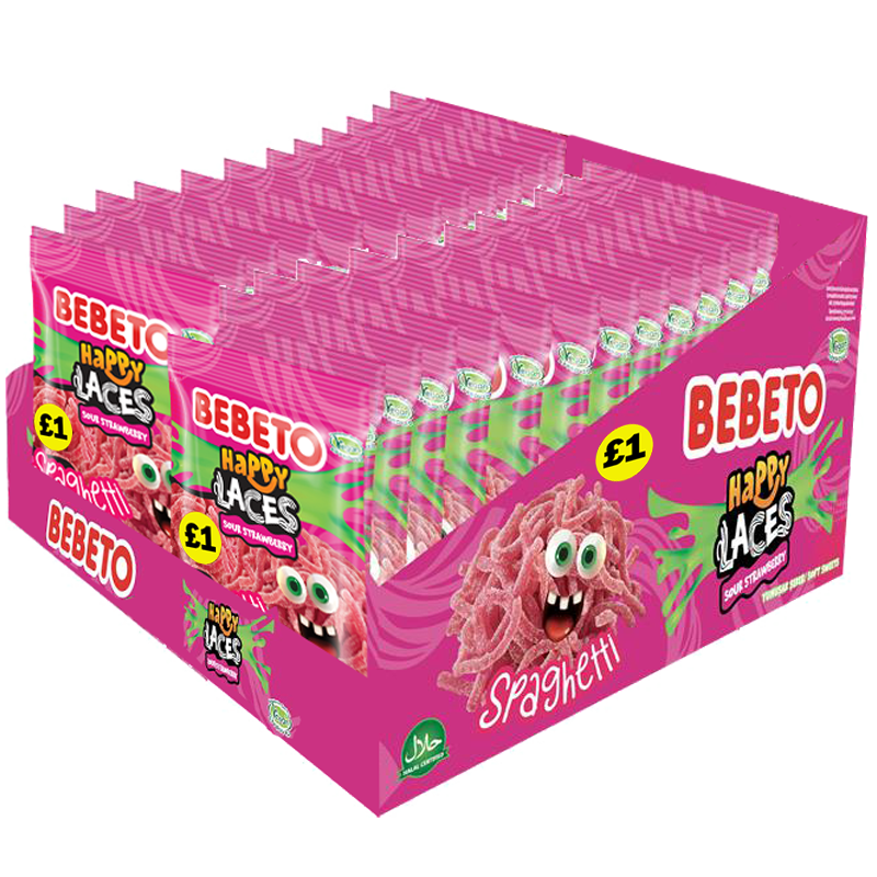 BEBETO SOUR STRAWBERRY SPAGHETTI HAPPY LACES 70G (PMP) X20