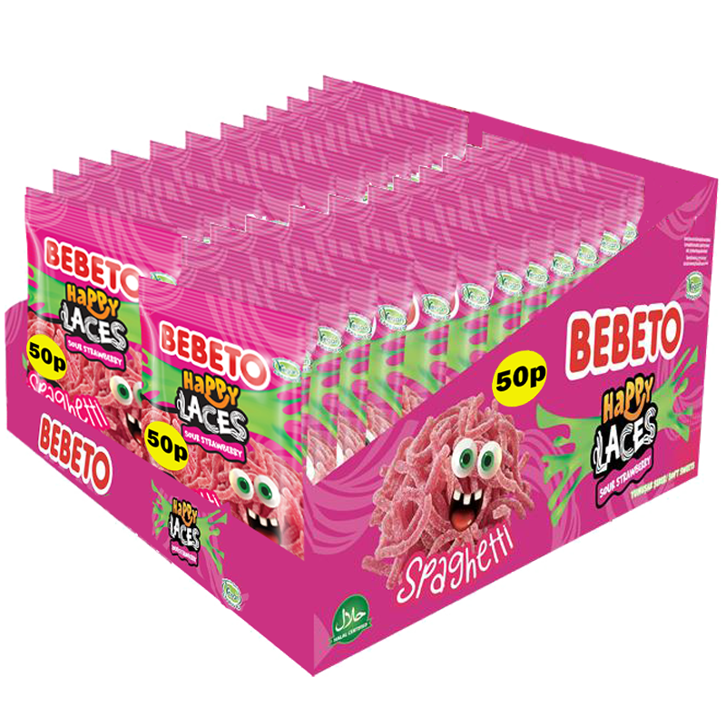 BEBETO SOUR STRAWBERRY SPAGHETTI HAPPY LACES 70G (PMP) X20
